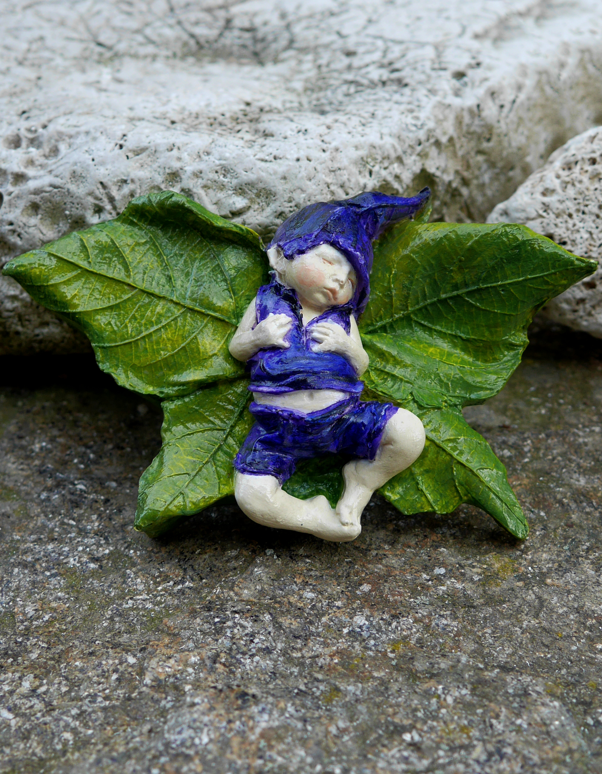 Fialový skřítek na listu